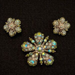 Vintage Joan Rivers Iridescent Flower Brooch and Clip-on Earrings Jewelry Set